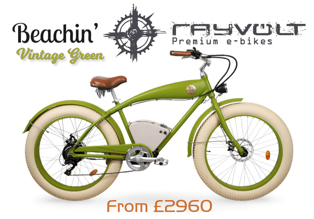 image shows: Rayvolt e-Bikes, Yesterday's Style, Tomorrow's Technology, Today's Solution