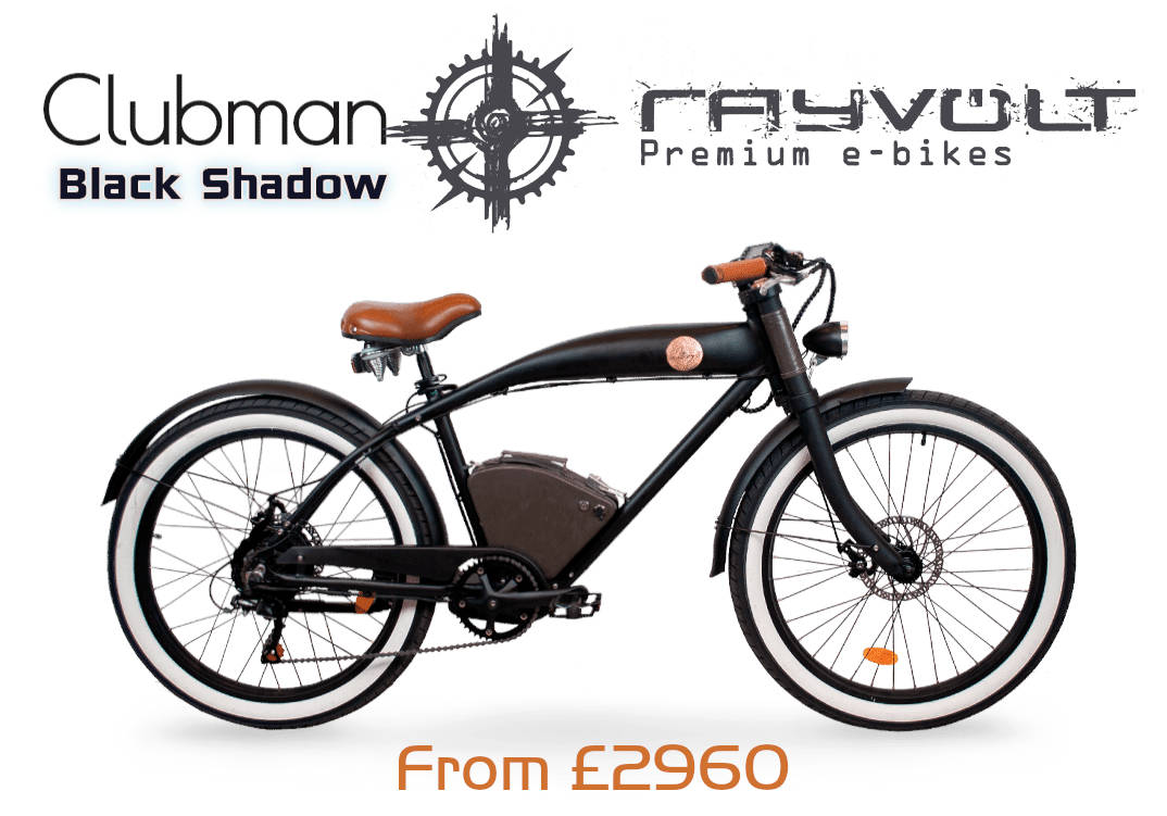 image shows: Rayvolt e-Bikes, Yesterday's Style, Tomorrow's Technology, Today's Solution