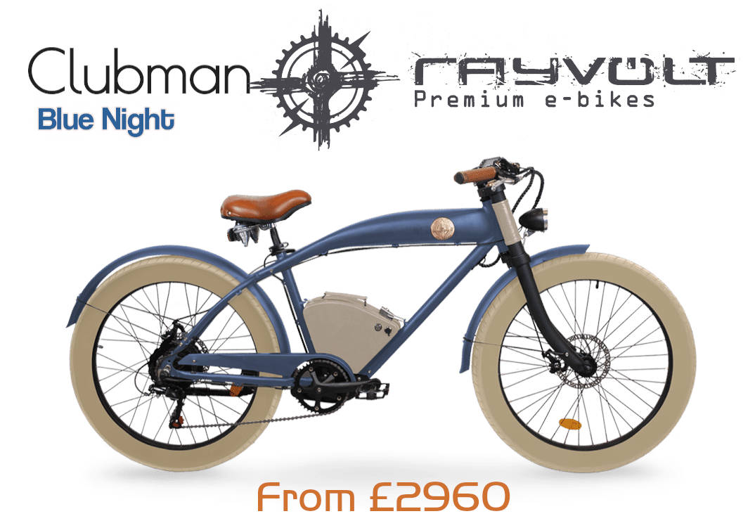 image shows: Rayvolt e-Bikes, Yesterday's Style, Tomorrow's Technology, Today's Solution