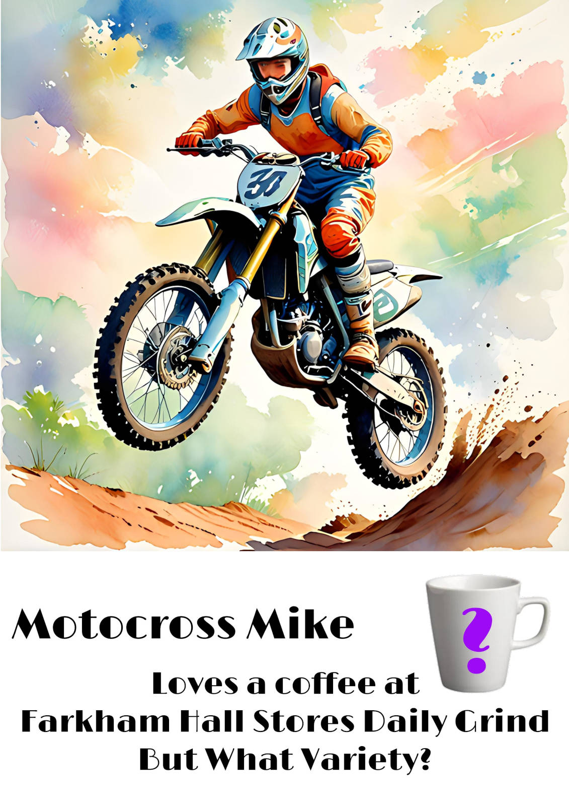 image of Farkham Hall and the Daily Grind Coffee Stop Window Posters Farkham Hall Poster, Motocross Mike