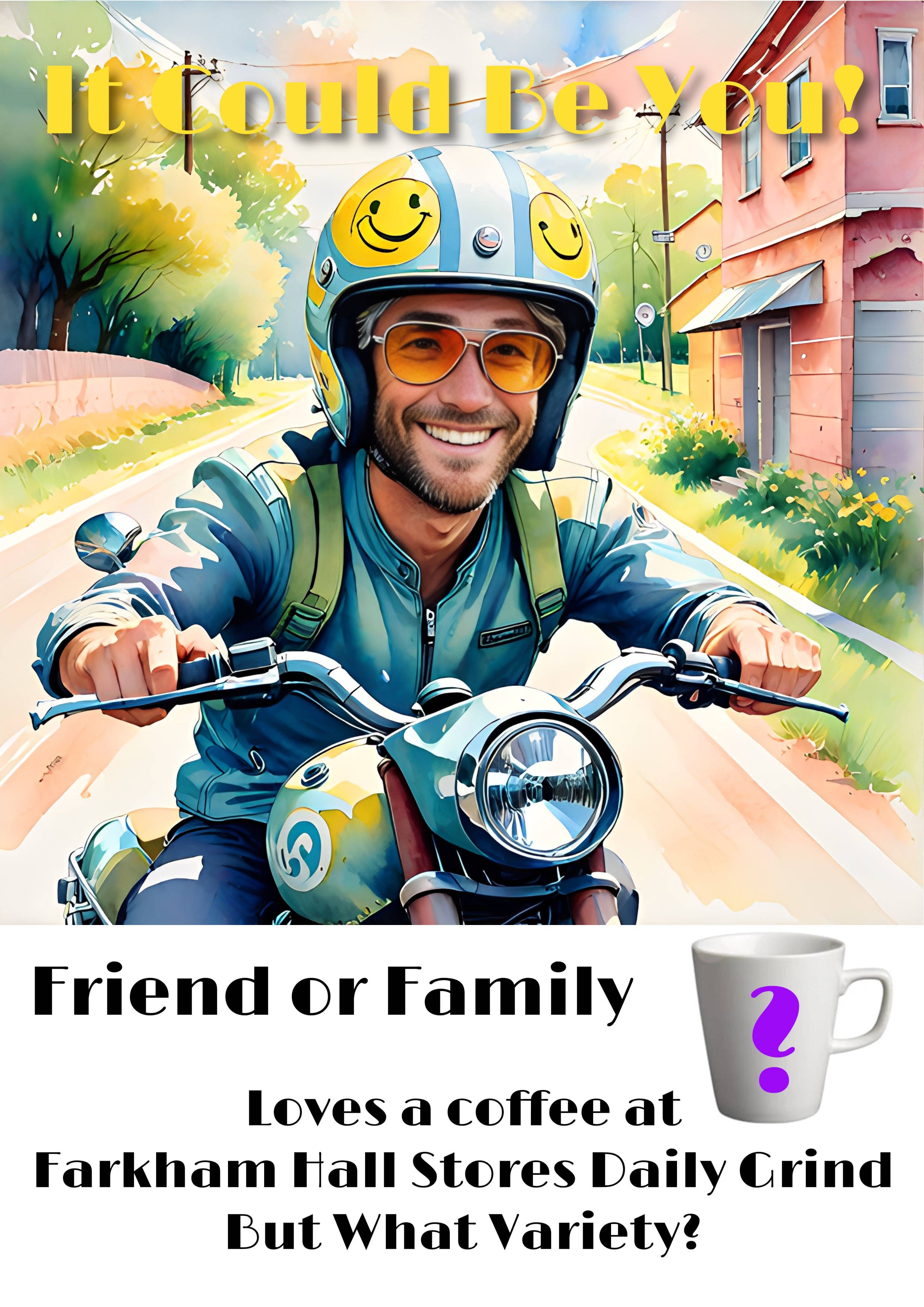 image of Become the Main Character in One of the Farkham Hall and the Daily Grind Coffee Stop Window Posters Farkham Hall Poster, Featuring You or a Friend